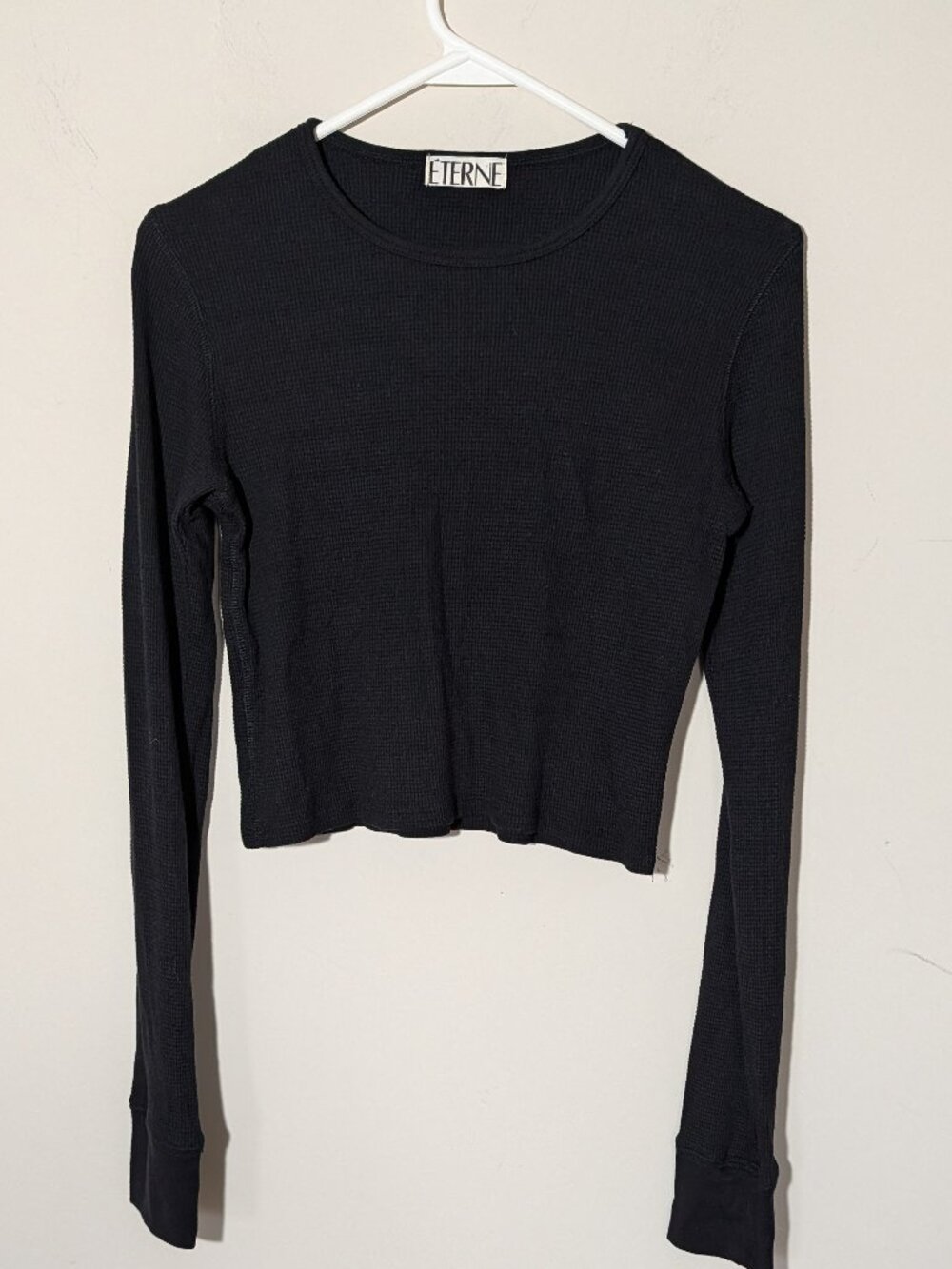 Eterne Waffle Knit Crew Neck Crop Stretch Long Sleeve Thermal Tee Sz L Black